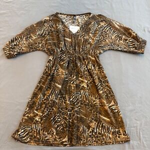 One & One Womens Animal Print V-Neck Dress Brown Zebra Leopard Split Sleeve S